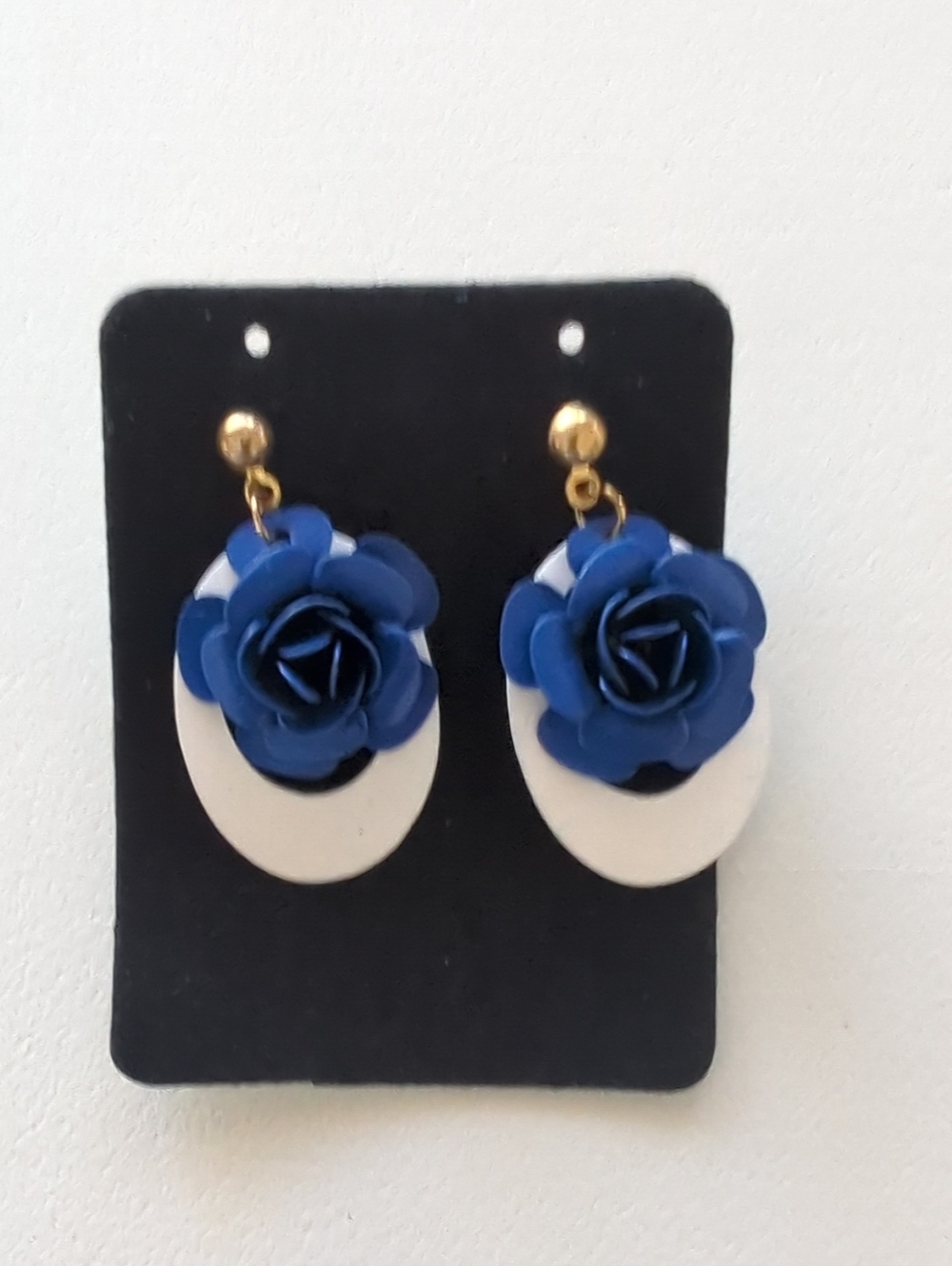 Blue Floral Drop Earrings with White Oval Accent - Women Jewelry